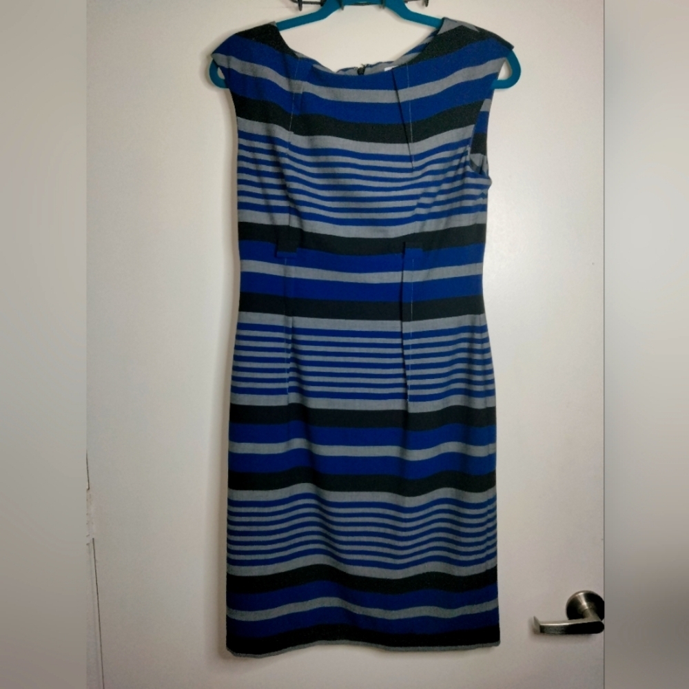 Calvin Klein (Size 8) Multicolor Striped Stretch Cap Sleeves Career Sheath Dress